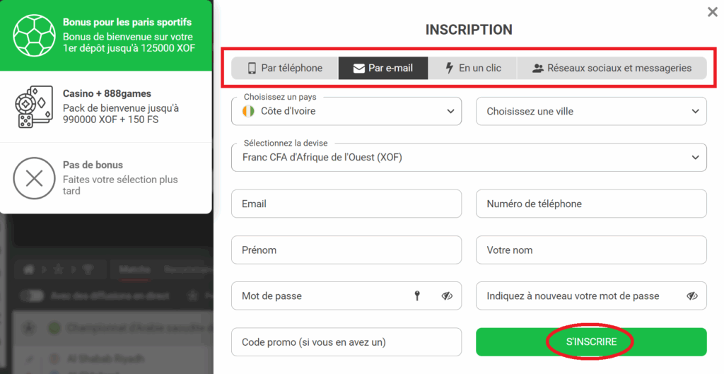 Quelques pars pour s’inscrire à 888Starz